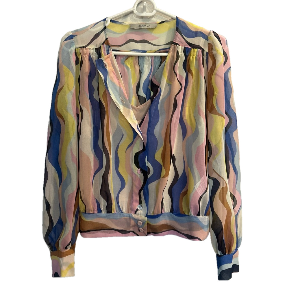MARELLA Abstract Blouse in Multi Color Wavy Pattern Long Sleeve Button
